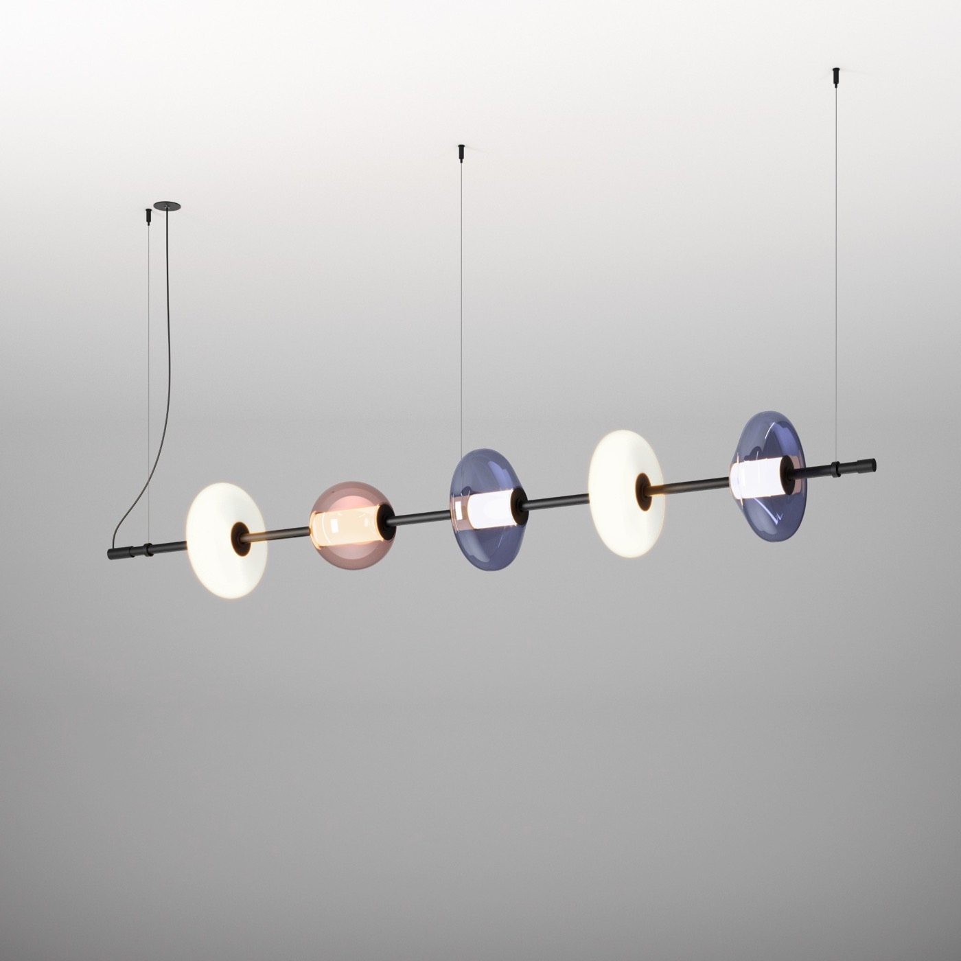 Aqform Beads horizontal composition — opal, indigo and fuchsia glass on a slim black bar