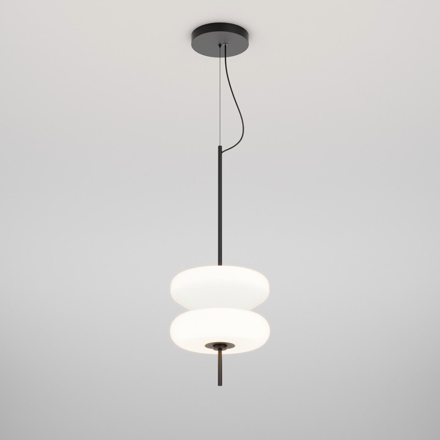 Aqform Beads vertical pendant — paired opal glass shades on a black stem