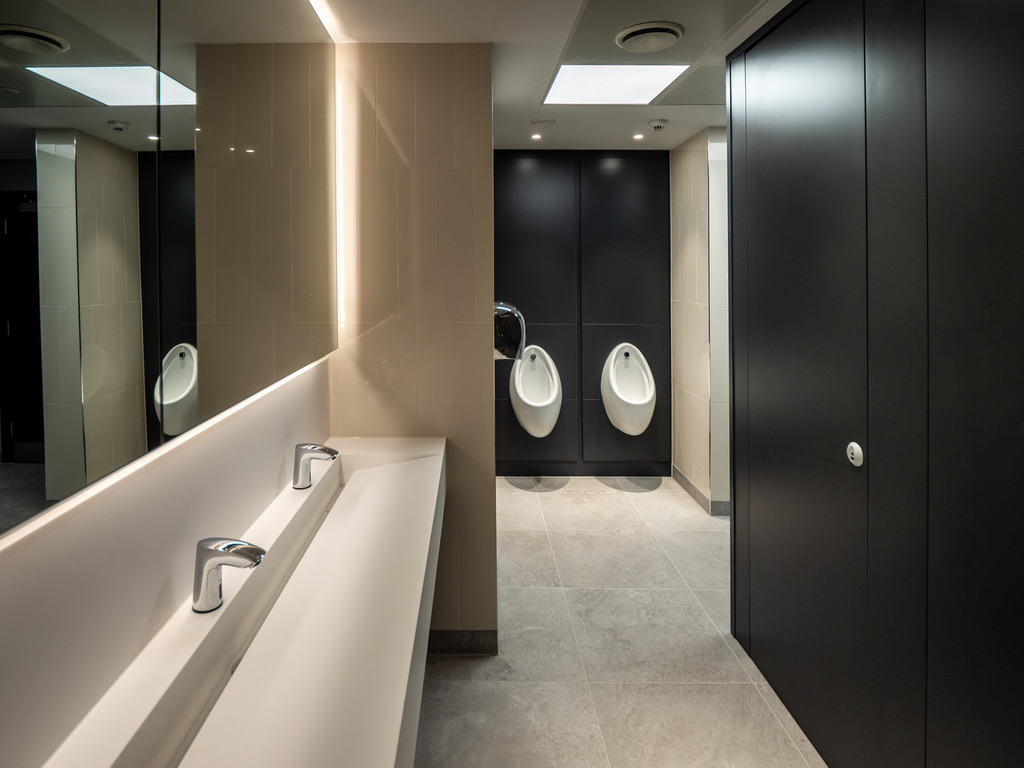 2 Whitehall Quay — washroom with LED mirror detail and Aqform recessed downlights
