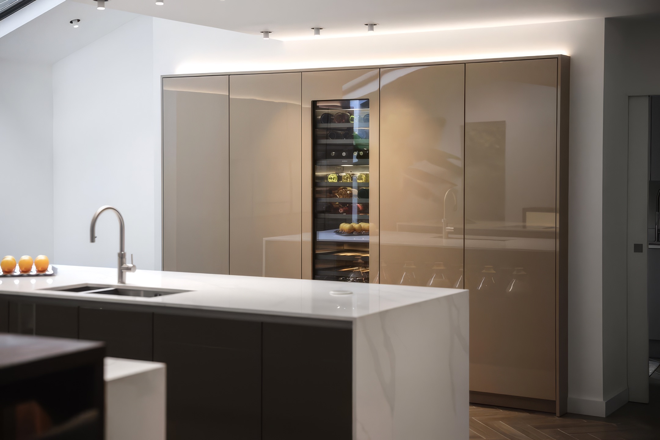 Private residence Bolton — cabinetry wall with LED cove above and Deltalight Micro Spy downlights