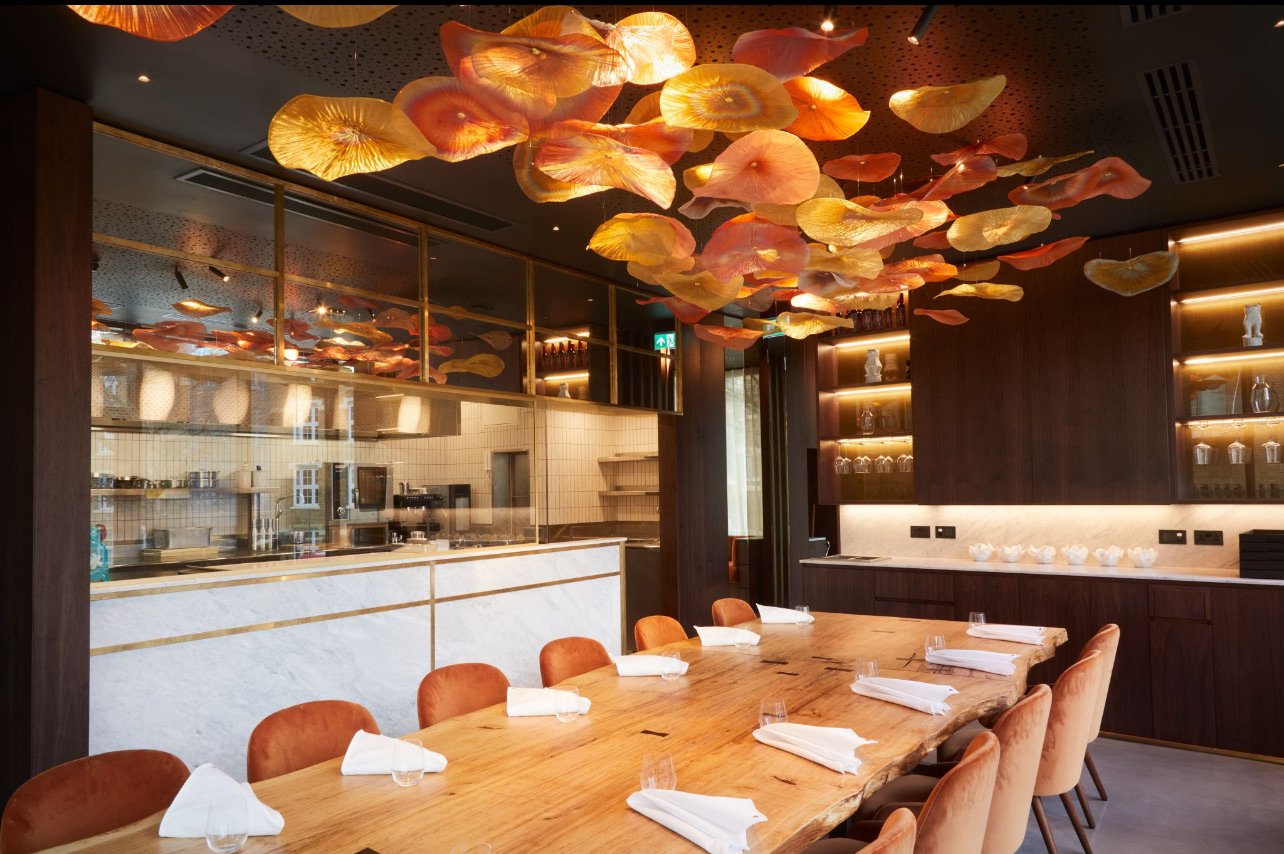 Restaurant Story — main dining room and open kitchen, Aqform Pet Mini adjustable spot lighting