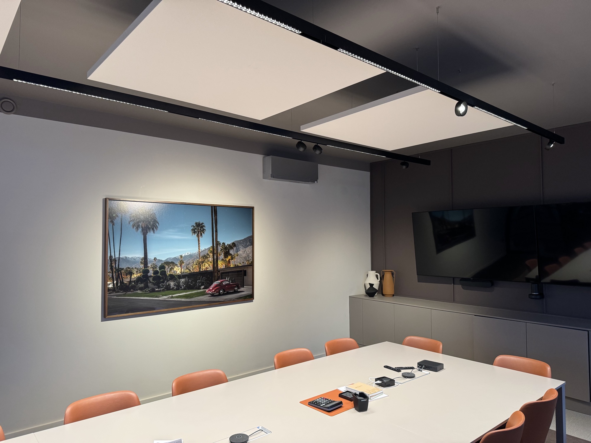 Boardroom with suspended acoustic rafts, black linear track, and adjustable spotlights