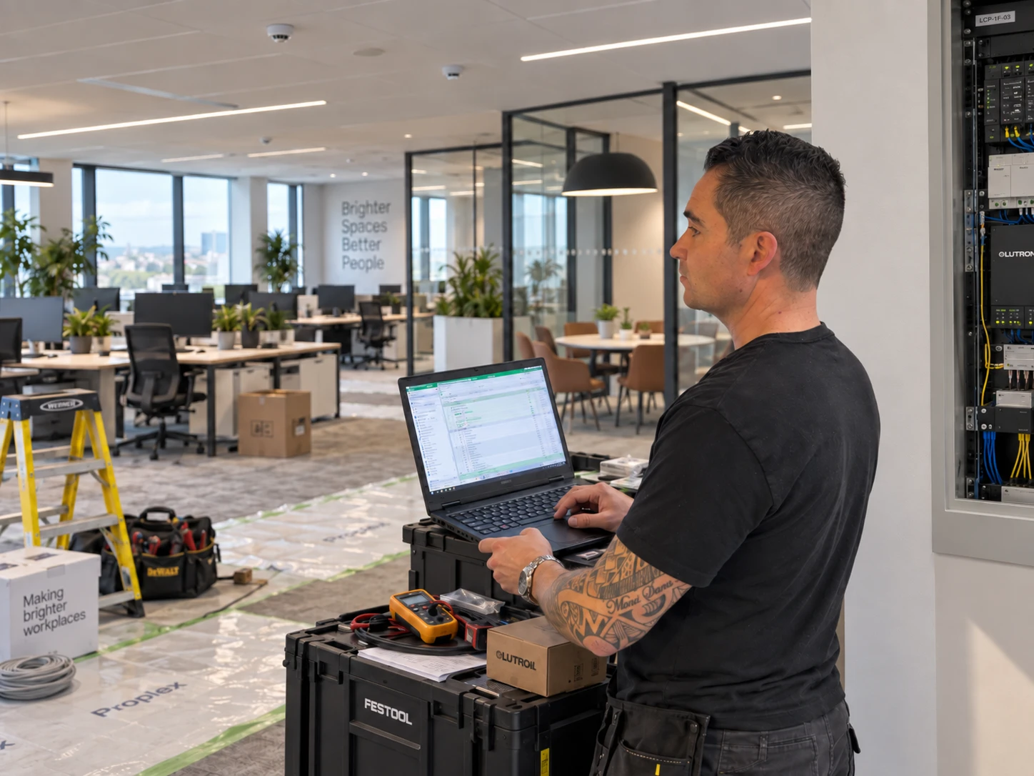 Lumen Loom engineer commissioning a lighting control panel from a laptop during an office fit-out