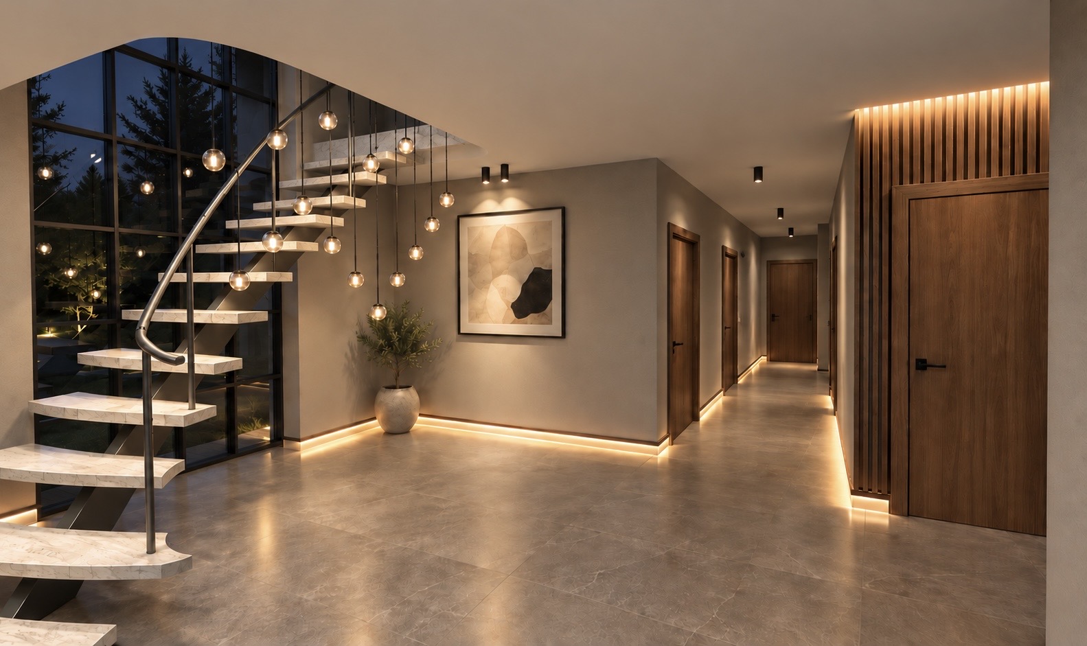 Finished design visual — staircase hall with cascading pendant lighting