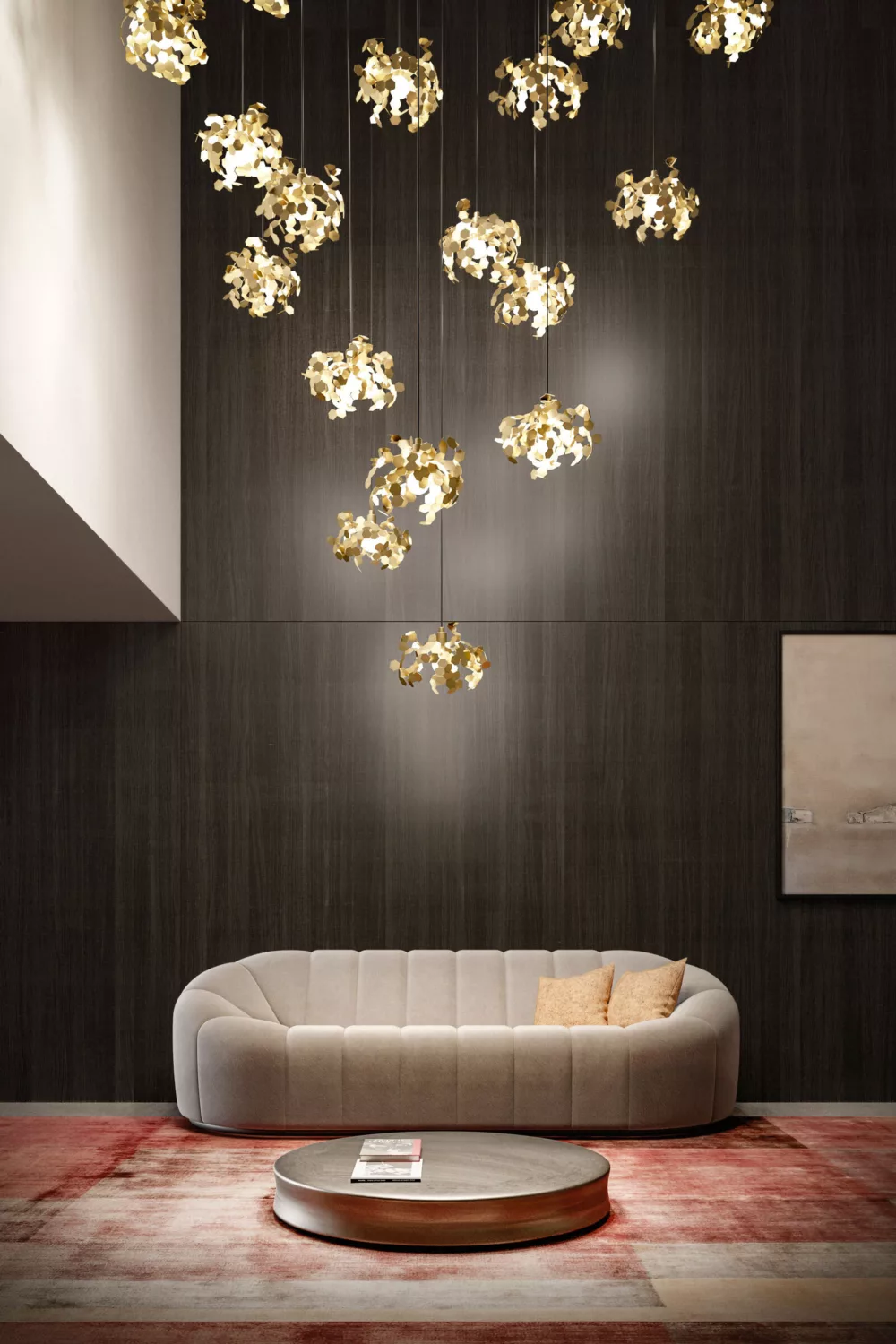 Cascading cluster of golden leaf pendants in a double-height lounge